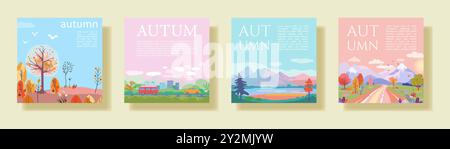Eine Sammlung von vier quadratischen Vektorplakaten, von denen jedes eine Herbstillustration zeigt. Die Designs umfassen Landschaften, Laub und saisonale Elemente in einem flachen, pastellfarbenen Stil, perfekt für soziale Medien, saisonales Marketing oder dekorative Zwecke... Stock Vektor