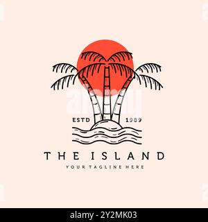 Palme oder Coconut Line Art Logo Vektor Illustration Design. Handgezeichnetes Vintage-Logo-Design. Sunset In The Island Logo-Konzept. Stock Vektor