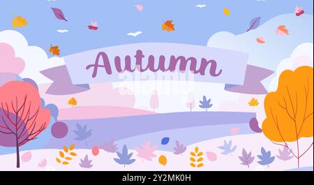 Eine lebendige Vektor-Illustration einer Herbstlandschaft mit bunten Bäumen, fallenden Blättern und einem Banner mit dem Wort Herbst. Perfekt für saisonale Designs und Herbstprojekte. Stock Vektor