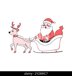 Eine niedliche Vektor-Illustration des Weihnachtsmanns in einem Schlitten, der von einem Rentier gezogen wird, perfekt für Weihnachten und festliche Inhalte. Stock Vektor