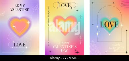 Set mit modernen Postkartenvorlagen für Valentinstag. Verschwommene Herzen im trendigen y2k-Retro-Stil für Flyer, Anzeigen, Einladung, Werbeaktion und Banner Stock Vektor
