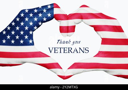 US-Flagge auf Händen gemalt, die ein Herz bilden, Text Danke Veterans, american Veterans Day Holiday Stockfoto