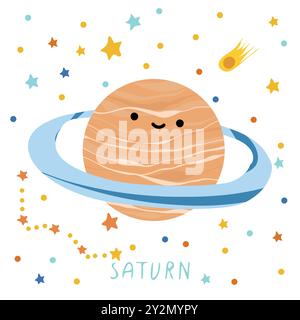 Sonnensystem der Planeten für Kinder. Saturn mit Comic-Gesicht. Vektorabbildung. Cartoon Planet. Stock Vektor