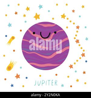 Sonnensystem der Planeten für Kinder. Jupiter mit Comic-Gesicht. Vektorabbildung. Cartoon Planet. Stock Vektor