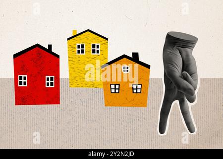 Composite Artwork Skizze Bild Foto Collage von Karikatur Bild drei Haus Miete Immobilien Geste Arm Hand gehen zwei Finger Beine Stockfoto