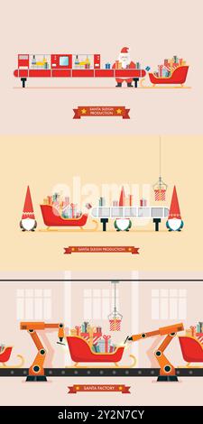 Die Produktion von Santa-Schlitten ermöglicht Roboterarme, die die Automobilproduktion unterstützen. Smart sants Factory Industrial. Vektorabbildung Stock Vektor
