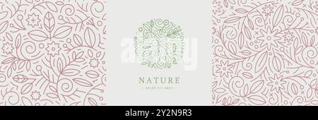 Vektorset für Paket und Branding. Logo mit Blumenmuster und Pflanzenemblem der Natur-Linie. Organische nahtlose Muster mit Wirbeln, Blumen und Blättern Stock Vektor