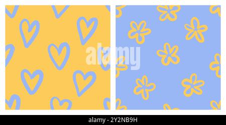 Naives, verspieltes, nahtloses Muster mit Doodle Hearts und Gänseblümchen in den Farben Gelb und Blau. Moderne, minimalistische und trendige Hintergründe für Kinder. Lustiges Design zum Einpacken von Papier, Deckeln und Stoff. Stock Vektor