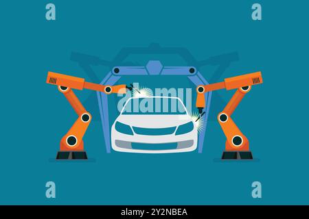 Fahrzeughersteller oder Fahrzeugproduktionskonzept. Einblicke in die Roboterindustrie in die Automobil- und Elektronikbranche. Smart Factory Industrial. Vektorabbildung Stock Vektor