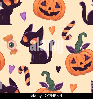Halloween-Kürbisse und schwarze Katzen nahtloses Muster. Handgezeichnete, unheimliche, lustige orangefarbene Kürbisse. Süßigkeiten, Augapfel. Heller Hintergrund Stockfoto
