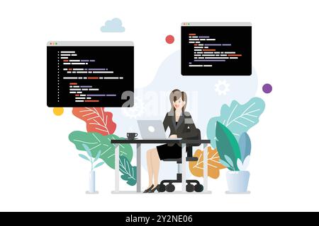 Programmiererin schreibt Code auf Laptop. Vektorabbildung Stock Vektor