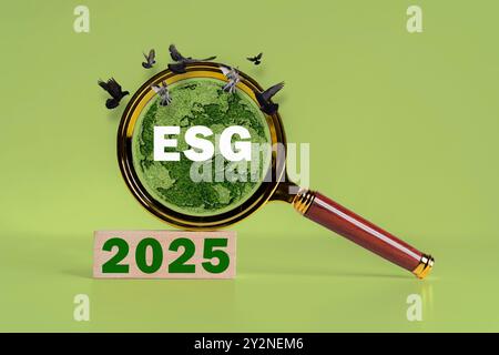 ESG-Ziele bis 2025-Konzept. Nachhaltige Unternehmensentwicklung. Holzblöcke symbolisieren ESG, Environmental Social Governance mit einer Kalendermarkierung 2 Stockfoto