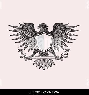 Adler mit Schild isoliert auf weißem Hintergrund. Design-Element für Emblem, Abzeichen. Vektor-Illustration. Stock Vektor
