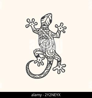 Handgezeichnetes Zentangle stilisierte Zeichnung einer Eidechse. Die gecko-Silhouette umfasste verschiedene einfache Muster. Schwarz-weiß handgezeichnete Kritzelvektorillustra Stock Vektor