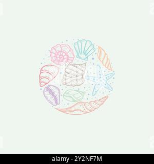 Hand gezeichneter Kreis Rahmen der Muscheln Vektor Illustration, Meer Muschel Vektor Illustration Konzept Set Stock Vektor