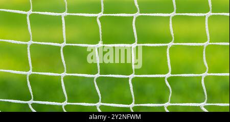 Fußball-Fußball-Tor-Netz-Nahaufnahme auf grünem Grashintergrund Stockfoto