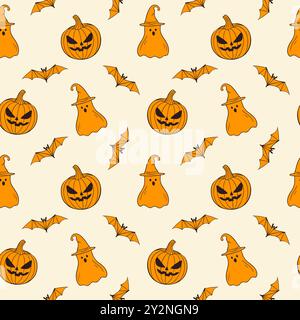 Gruseliges Halloween-orangefarbenes Muster mit gruseligem Kürbis, Geist in Zaubermütze und Fledermaus, in handgezeichnetem Doodle-Stil. Für Hintergrund, Hintergrund, Verpackung. Vektorabbildung Stock Vektor