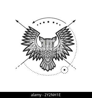 Handgezeichnet von fliegenden Eulen ethnische Vektorillustration Stock Vektor