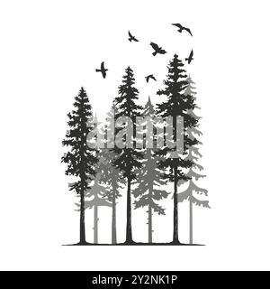 Silhouette von Kiefern und Vögeln isoliert auf einer weißen Hintergrund Vektor-Illustration Stock Vektor