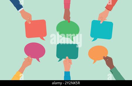 Vektor für flache Konstruktion. Hände von Arbeitern, die Gesprächsblasen halten. Arbeitnehmer sind Männer und Frauen mit unterschiedlichem ethnischen Hintergrund. Kollegen mit unterschiedlichen Meinungen Stock Vektor