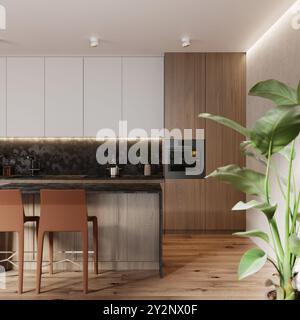 Modernes Küchendesign mit Natursteingranit Mystic Grey. Steinspitze und Insel mit Details des inneren Wasserhahns und Haushaltsgeräten. Stockfoto