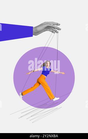 Trend-Artwork Composite Sketch Bild Collage der riesigen Hand erscheinen halten Seil Linie junge Dame Frau Schritt Manipulation Puppe Puppe Puppe Stockfoto