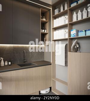 Visualisierung einer Wäsche in einem modernen Haus mit großem Fenster, Wasch- und Trocknungsmaschine, 3D-Rendering, cg-Illustration Stockfoto