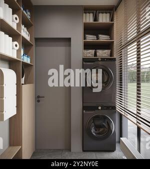 Visualisierung einer Wäsche in einem modernen Haus mit großem Fenster, Wasch- und Trocknungsmaschine, 3D-Rendering, cg-Illustration Stockfoto