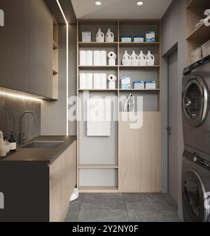 Visualisierung einer Wäsche in einem modernen Haus mit großem Fenster, Wasch- und Trocknungsmaschine, 3D-Rendering, cg-Illustration Stockfoto