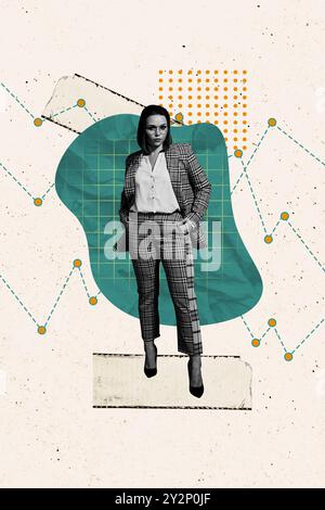 Collage-Bild-Skizzen-Poster einer selbstbewussten schönen Büroagentin isoliert auf zeichnendem Hintergrund Stockfoto