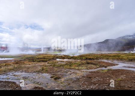 Eine nebelige geothermische Landschaft in Geysir, Island. Dampf steigt aus zahlreichen heißen Quellen und schafft eine surreale und ätherische Atmosphäre. Die vulkanische Aktivität Stockfoto