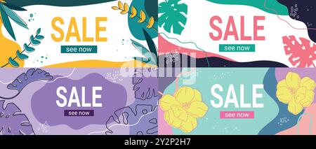 Sale Banner Set. Bright Sale-Vorlagen mit abstrakten Formen und Blättern. Verkaufs- und Rabattkonzept. Vektorabbildung. Stock Vektor