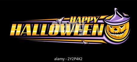 Vektor-Logo für Halloween, dekorative Banner mit Umrissillustration von halloween Jack-o-Lantern in Hut und fliegenden Fledermäusen, einzigartige Pinselbeschriftung für Stock Vektor