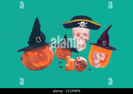 Composite Photo Collage von Schädel Skelett Kopf tragen Hexe Piraten Hut Perücke Kürbis halloween Dekor isoliert auf gemalten Hintergrund Stockfoto