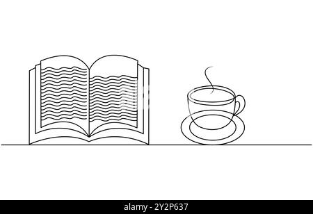 Eine Zeilenzeichnung des geöffneten Buches auf weißem Hintergrund. Durchgehende einzeilige Zeichnung des geöffneten Buchs. Vektor-Illustration der Umrisse des Buches Stock Vektor