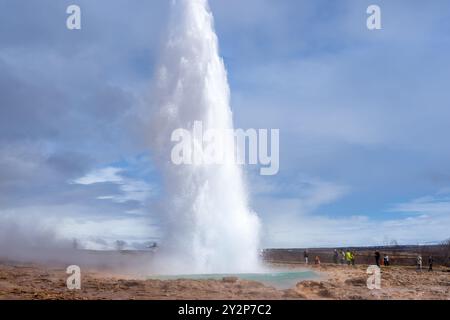 Geysir Geothermiegebiet, Island - 6. Mai 2024: Touristen bestaunen den Strokkur Geysir, der eine Wolke aus Dampf und Wasser hoch in die Luft schickt. Stockfoto