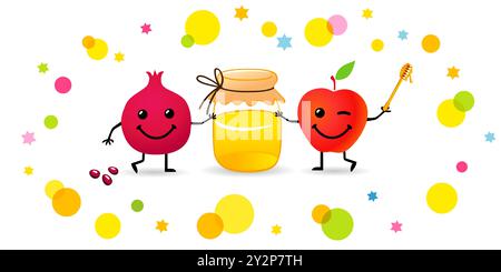 Lustige Granatapfel, Apfel-Emoji und Honig, Shana Tovah kreative Ikonen. Feiere Rosch Hashanah 2024 mit Freude und Wärme! Shana Tova Vektor-Illustration Stock Vektor