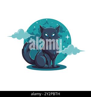 Katze Mond Nacht Himmel Vektor Illustration, schwarze Katze und Mond glückliche halloween Feier, Stock Vektor