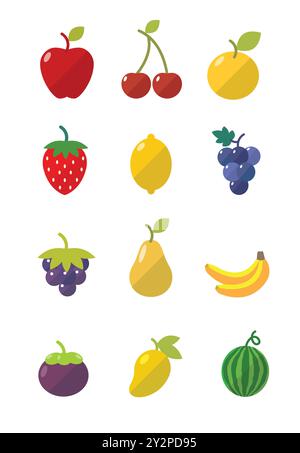 Fruits Icons Setzen Sie Vektor, Satz von Vektorsymbolen in flachen Farben. Sammlung von Früchten und Beeren. Modernes minimalistisches Design Stock Vektor