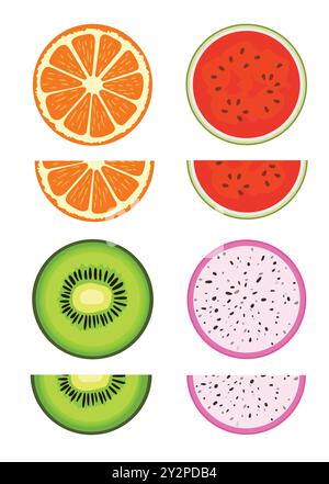 Set aus Zitrusfrüchten und exotischen, tropischen Fruchtscheiben, Vektorgrafiken Sommer-Frucht-Ikonen Stock Vektor