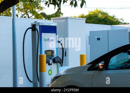 Ein Auto parkt und mit BP-Ladung aufgeladen, Elektrofahrzeug-EV-Autoladegerät in Ponsonby, Auckland, Neuseeland Stockfoto