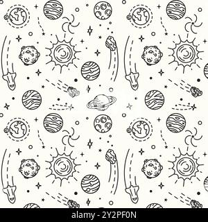 Handgezeichnetes, nahtloses Muster für Space-Elemente. Leerlaufhintergrund. Illustration der Space Doodle Stock Vektor