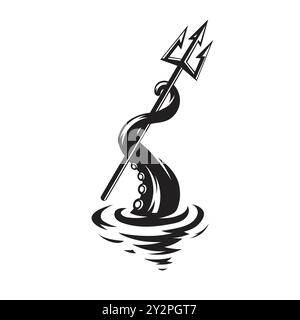 Tentakel und dreizackige Vektorillustration. Symbol für Kraken-Speer. Tiefseemonster nautische Mythologie. Stock Vektor