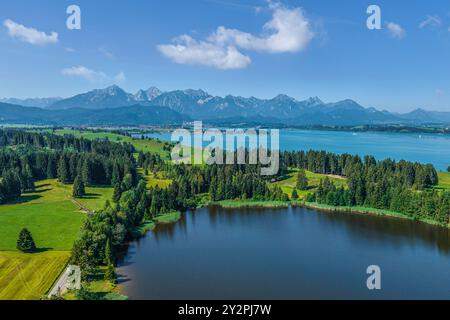 Blick über den Hegratsrieder See zum Forggensee und zur alpengrenze bei Füssen Stockfoto