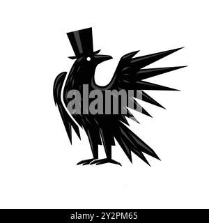 Schwarze Krähe trägt Hut, Gentleman Krähe, Amsel mit Top Hut Design Vektor Illustration Stock Vektor