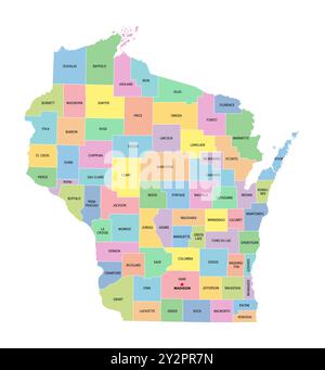 Wisconsin, US-Bundesstaat, unterteilt in 72 Countys, mehrfarbige politische Karte mit Hauptstadt Madison, Grenzen und County-Namen. Stockfoto