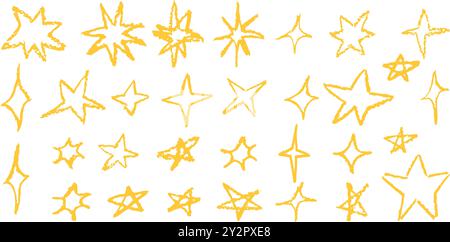 Ein lustiges Set wie ein Kind, das gelbe Sterne zeichnet. Sammlung von geometrischen Elementen der Wachsbleistiftstruktur. Nachthimmel-Symbole kritzeln, kritzeln. Schnurrt rein Stock Vektor