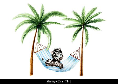 Niedliches Babyzebra auf gestreifter Hängematte mit grünen Palmen. Entspanntes Sommerklipart. Aquarell Hand gezeichnet Blumen Dschungel Illustration isoliert auf BA Stockfoto