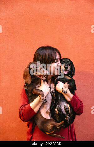 Eine fröhliche junge Frau, die breit lächelt, umarmt zwei Teckelhunde vor einem orangen Hintergrund und fängt einen Moment der Liebe und Freude zwischen Haustieren und Dei ein Stockfoto