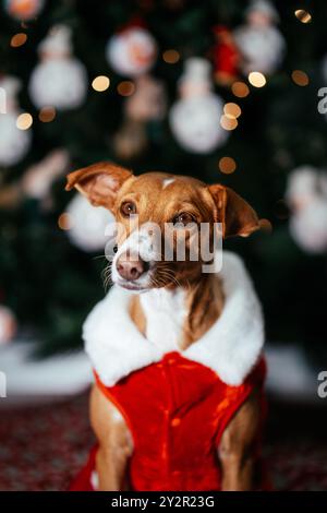 Ein charmanter brauner Hund in einem leuchtend roten Weihnachtskostüm posiert vor einem wunderschön geschmückten Weihnachtsbaum, der mit festlichen Lichtern und Lichtern glitzert Stockfoto